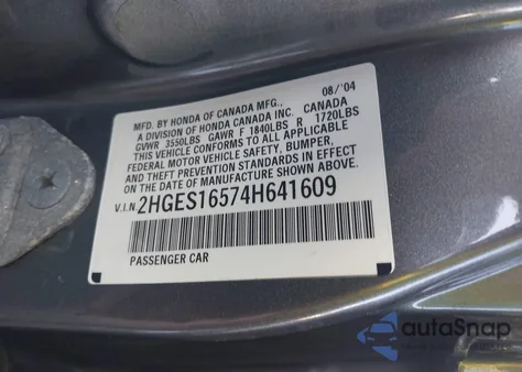 2004 Honda Civic Lx z USA, uszkodzony, nr VIN 2HGES16574H641609